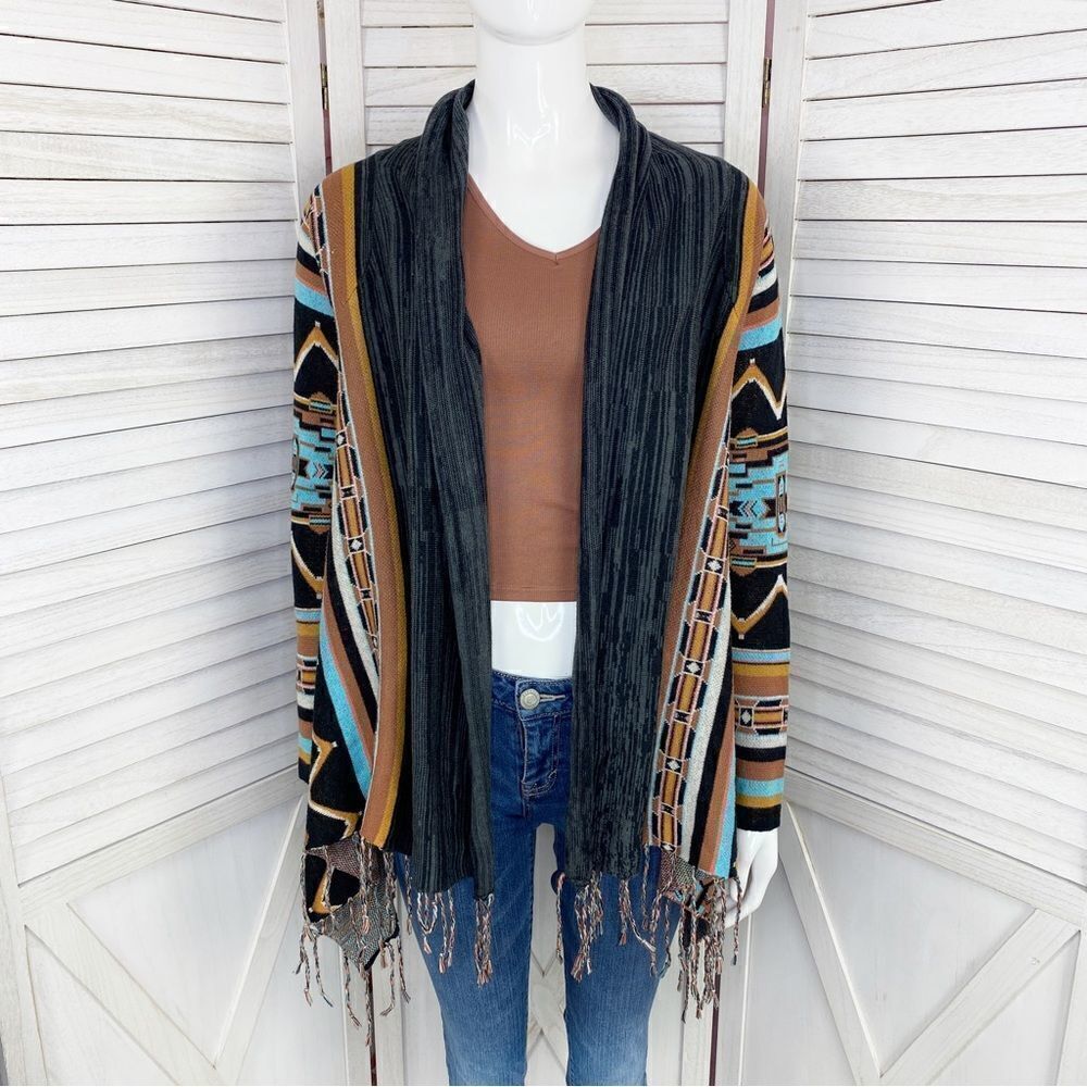 Billabong Dream Chaser Aztec Southwestern Boho Fringe Hem Cardigan Sweater Small